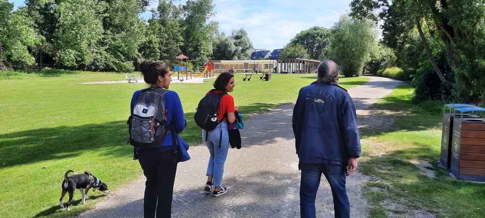 Rehoused patient walking with Street Nurses workers & therapy dog