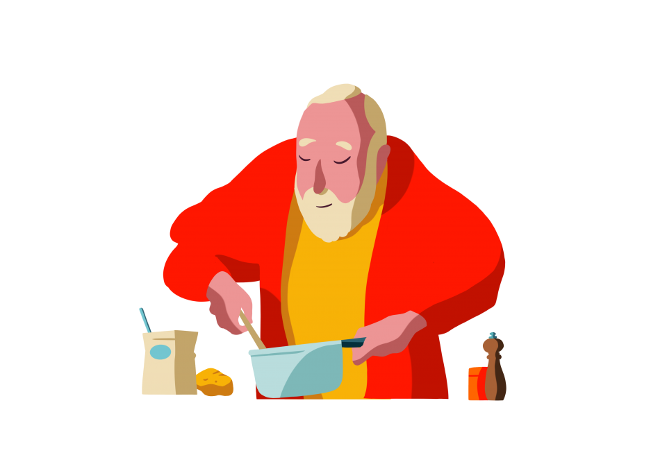 Man aan het koken - Illustratie Pierre Lecrenier 